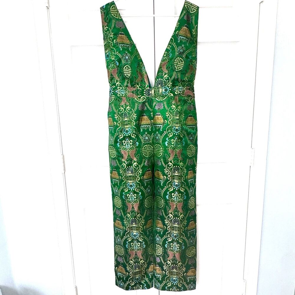 Rare Mad Alma Green Satin Jumpsuit Deep Plunge Neck Boho Resort Festival Large - Picture 2 of 10